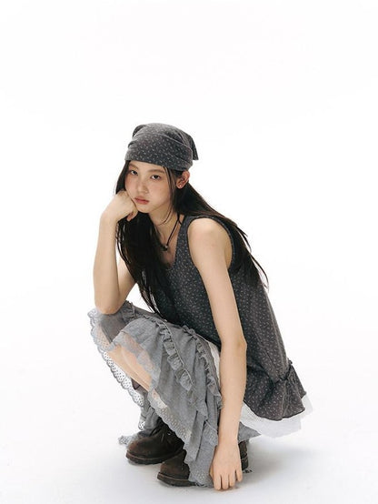 NAPSNAPS Grey Patchwork Lace Knit Ruffle Women&