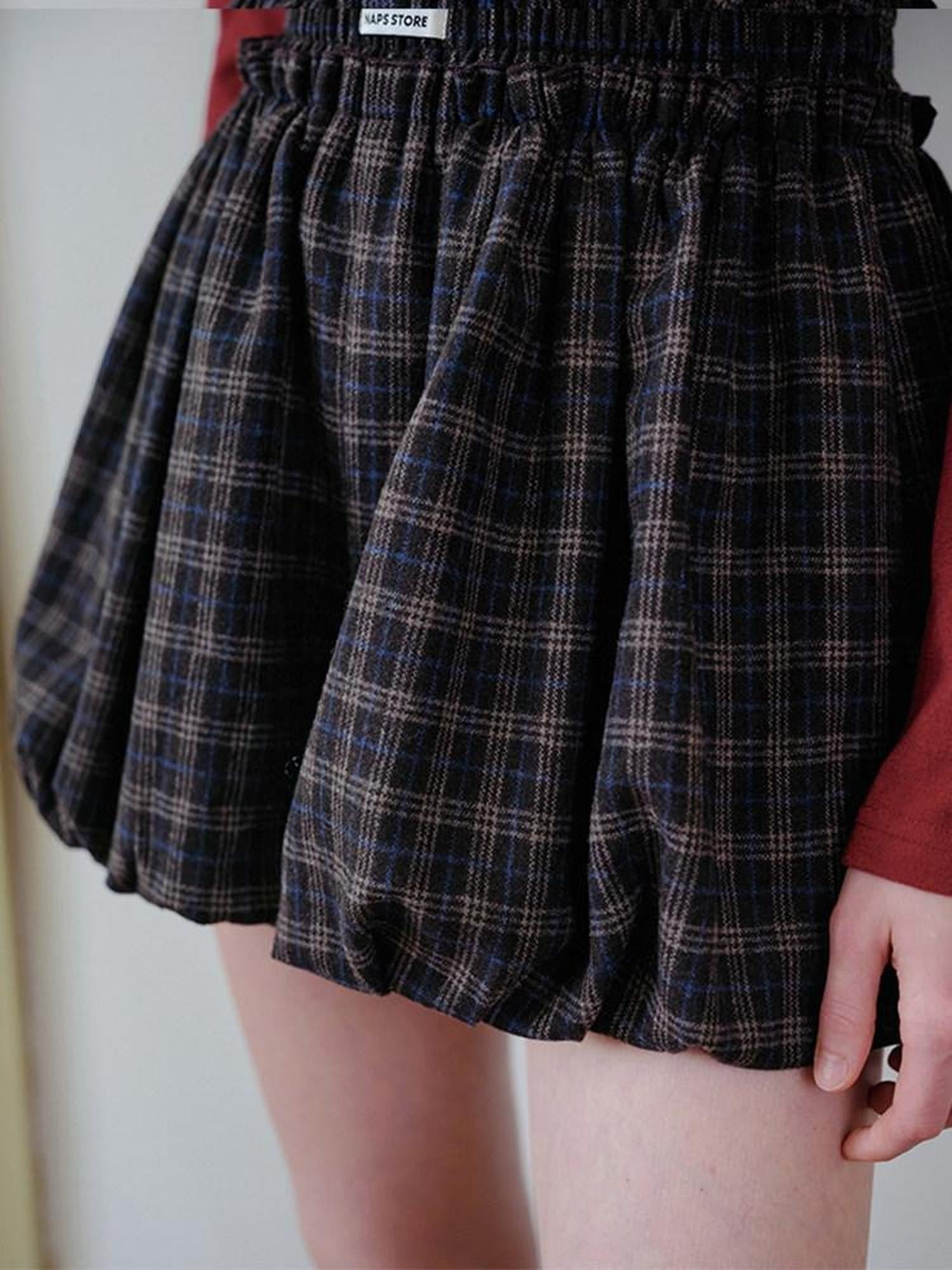 NAPSNAPS Grey Plaid Lantern Pleated High Waist Women&