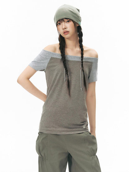 NAPSNAPS Grey Red Stripe Embroidered Raglan One Shoulder Women&