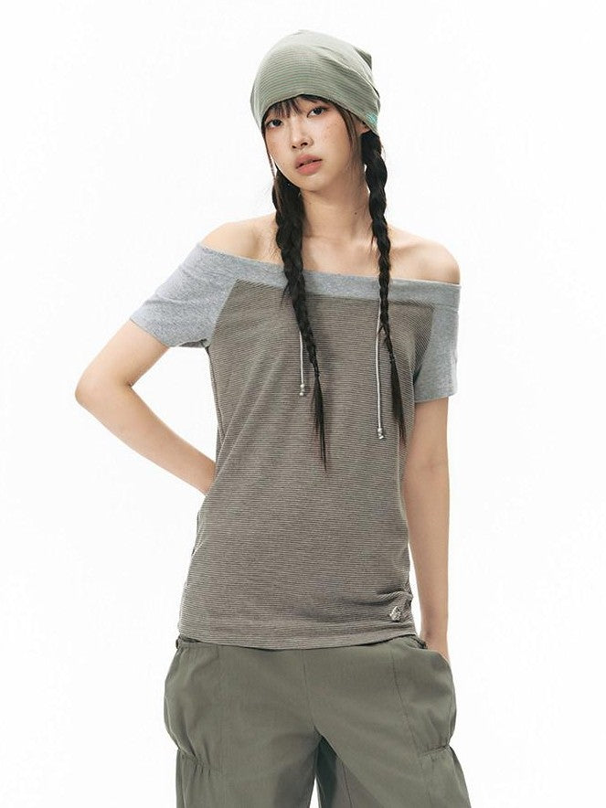 NAPSNAPS Grey Red Stripe Embroidered Raglan One Shoulder Women&