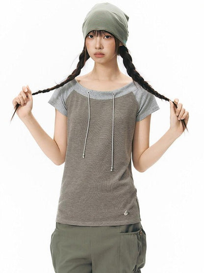 NAPSNAPS Grey Red Stripe Embroidered Raglan One Shoulder Women&