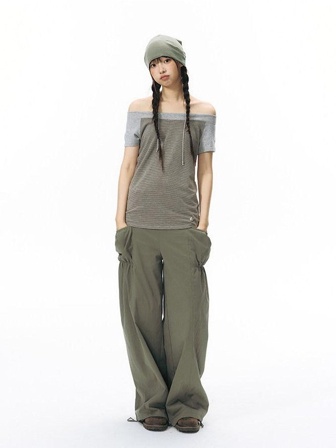 NAPSNAPS Grey Red Stripe Embroidered Raglan One Shoulder Women&