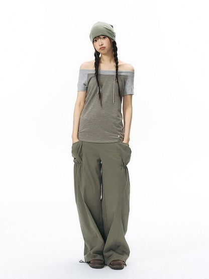 NAPSNAPS Grey Red Stripe Embroidered Raglan One Shoulder Women&