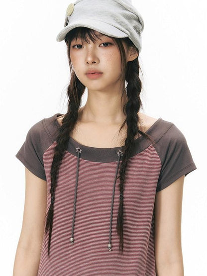 NAPSNAPS Grey Red Stripe Embroidered Raglan One Shoulder Women&