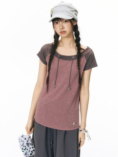 NAPSNAPS Grey Red Stripe Embroidered Raglan One Shoulder Women&
