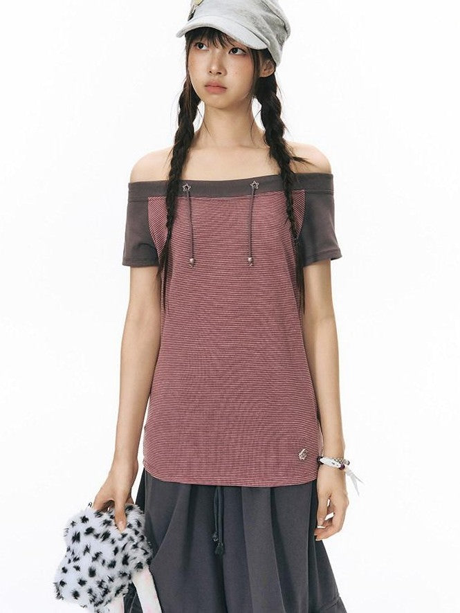 NAPSNAPS Grey Red Stripe Embroidered Raglan One Shoulder Women&