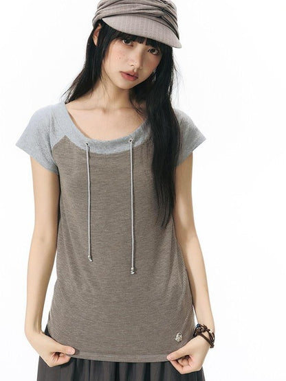 NAPSNAPS Grey Red Stripe Embroidered Raglan One Shoulder Women&