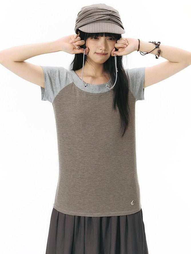 NAPSNAPS Grey Red Stripe Embroidered Raglan One Shoulder Women&