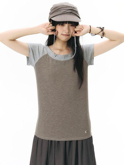 NAPSNAPS Grey Red Stripe Embroidered Raglan One Shoulder Women&