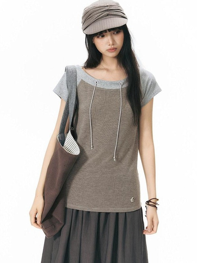 NAPSNAPS Grey Red Stripe Embroidered Raglan One Shoulder Women&