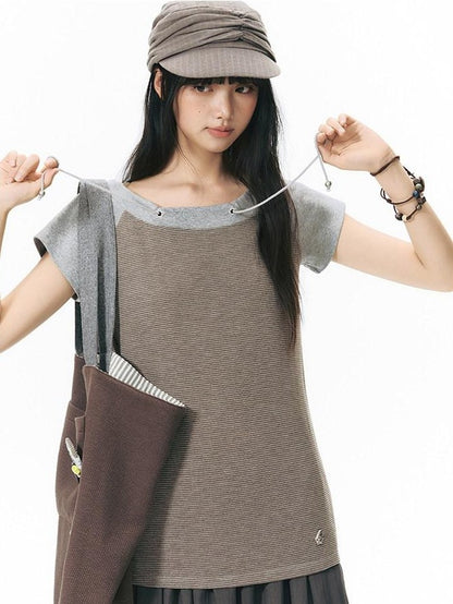 NAPSNAPS Grey Red Stripe Embroidered Raglan One Shoulder Women&