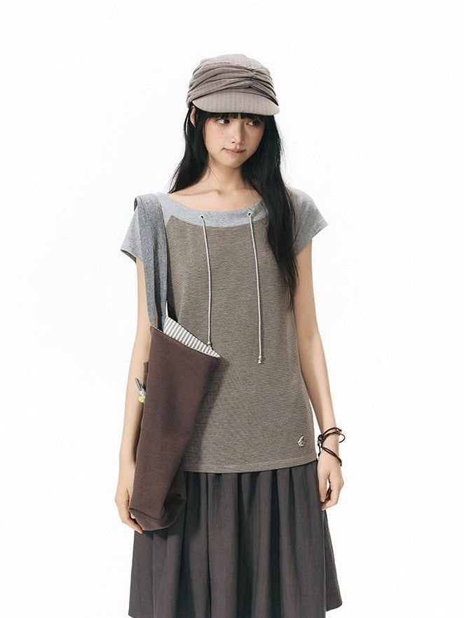NAPSNAPS Grey Red Stripe Embroidered Raglan One Shoulder Women&