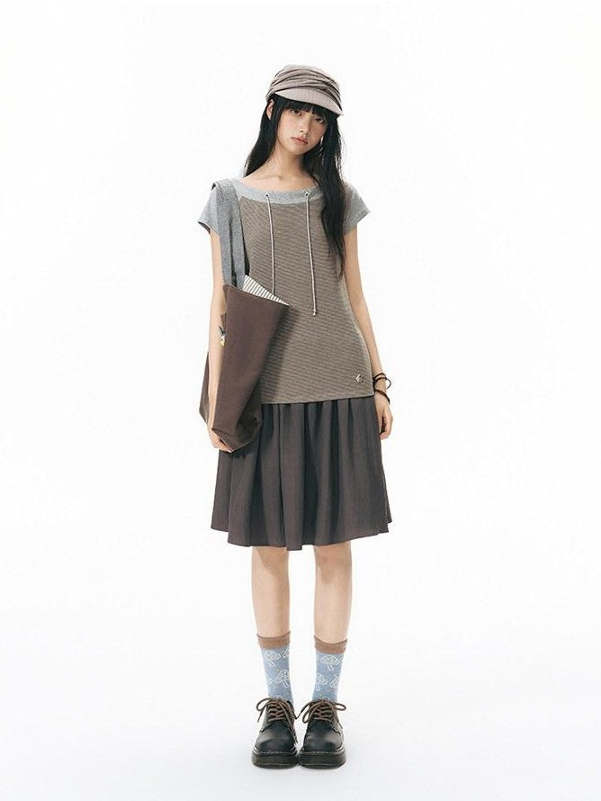 NAPSNAPS Grey Red Stripe Embroidered Raglan One Shoulder Women&