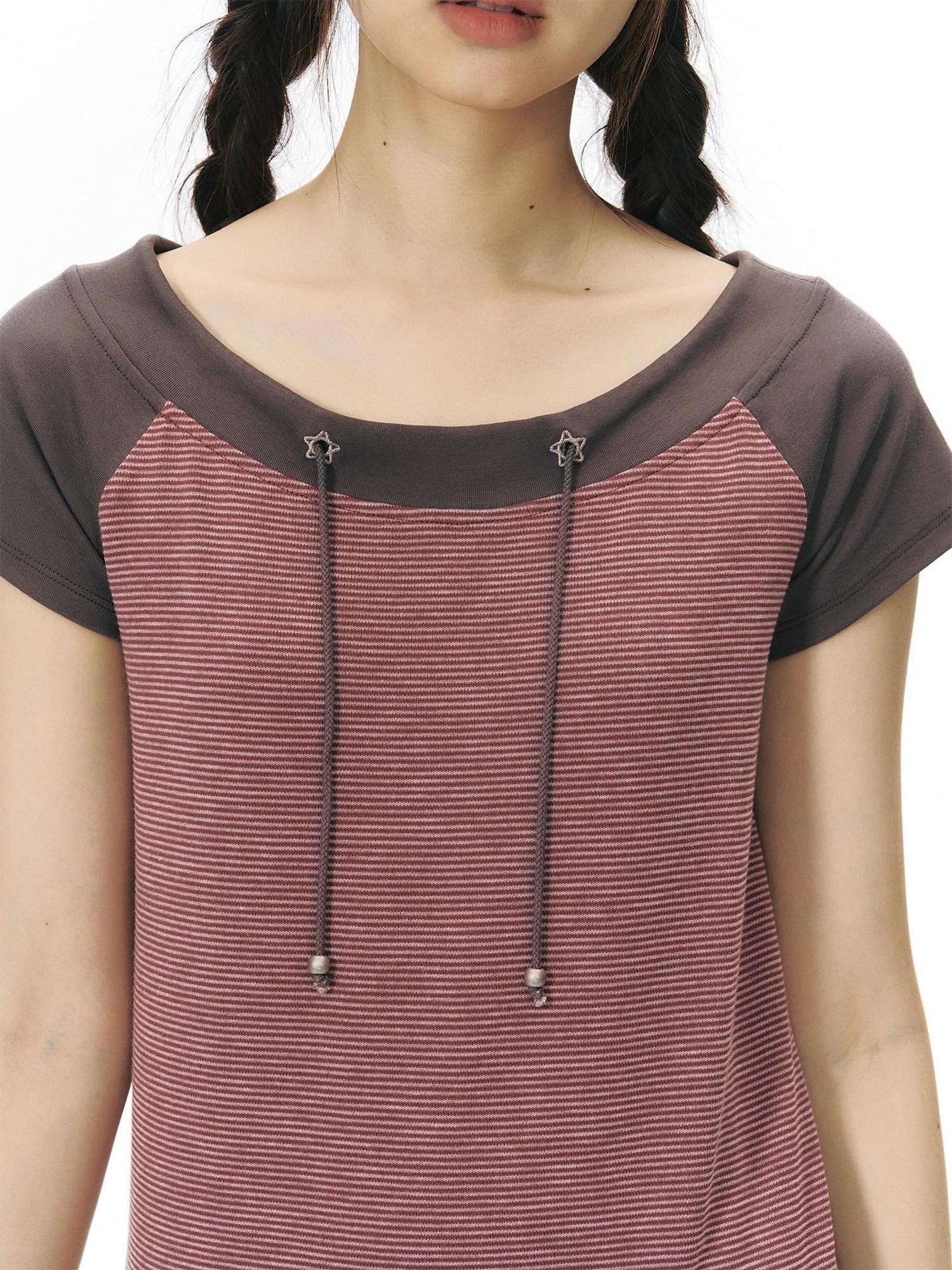 NAPSNAPS Grey Red Stripe Embroidered Raglan One Shoulder Women&