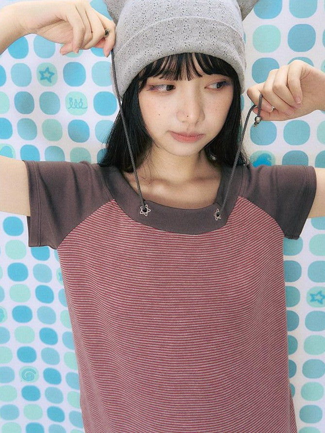 NAPSNAPS Grey Red Stripe Embroidered Raglan One Shoulder Women&