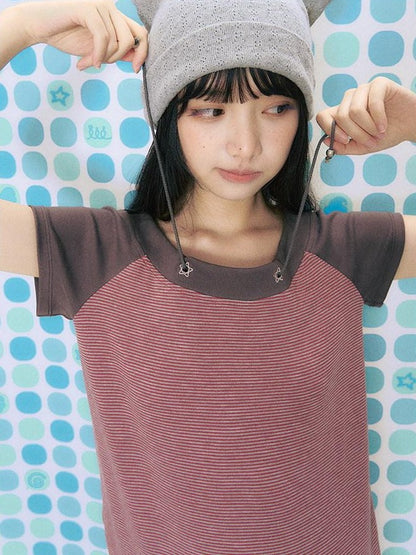 NAPSNAPS Grey Red Stripe Embroidered Raglan One Shoulder Women&