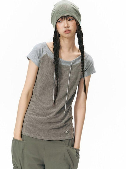 NAPSNAPS Grey Red Stripe Embroidered Raglan One Shoulder Women&