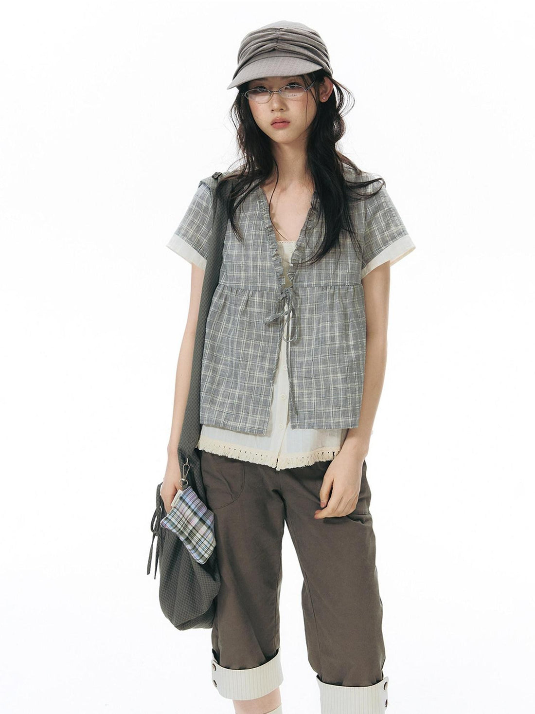 NAPSNAPS Grey Rolled Hem Patchwork Button Pocket Straight Women&