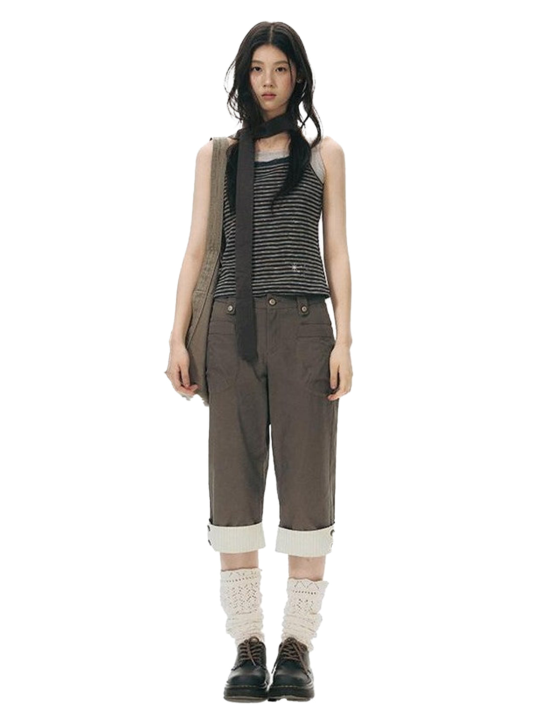 NAPSNAPS Grey Rolled Hem Patchwork Button Pocket Straight Women&