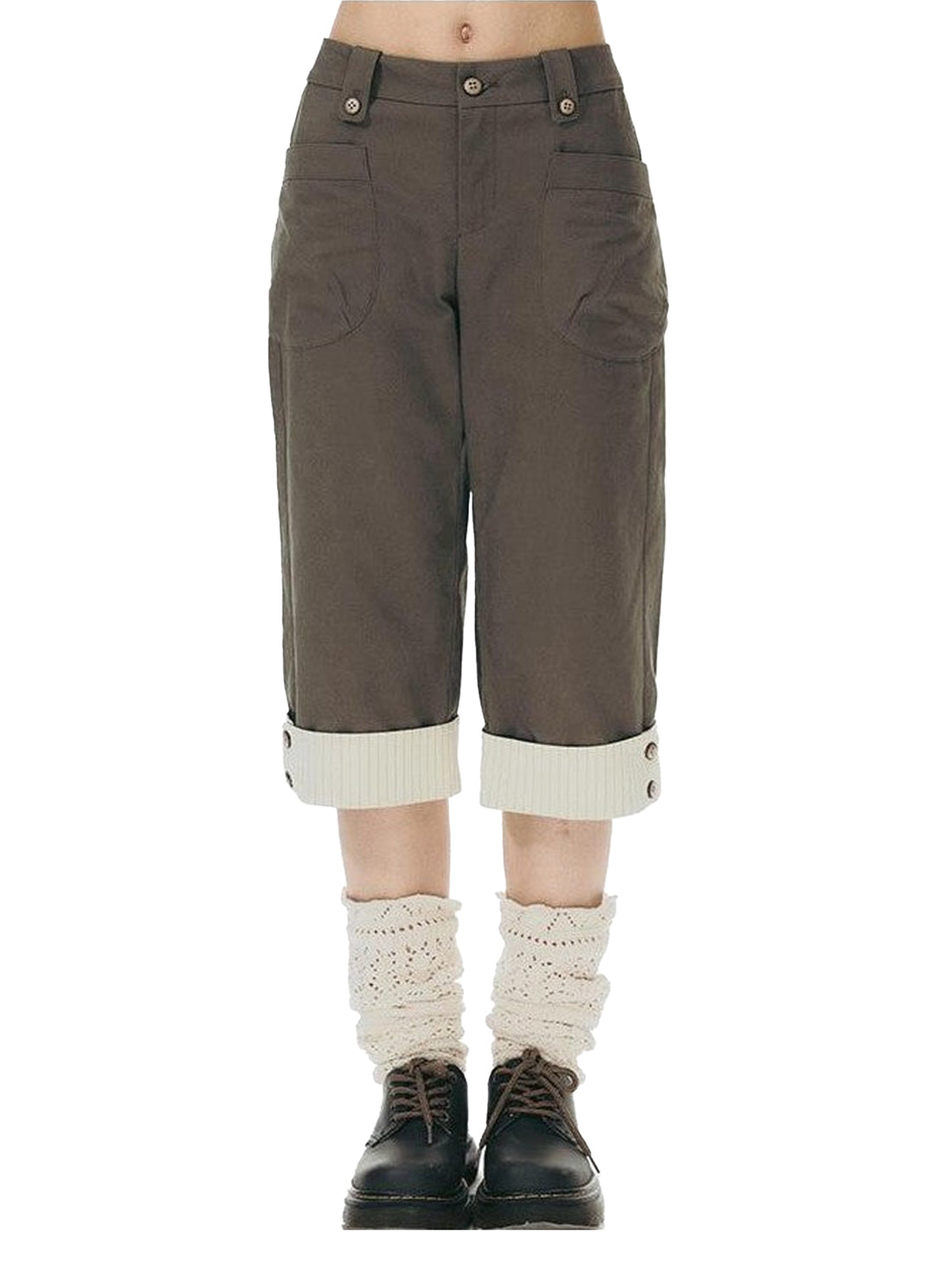 NAPSNAPS Grey Rolled Hem Patchwork Button Pocket Straight Women&