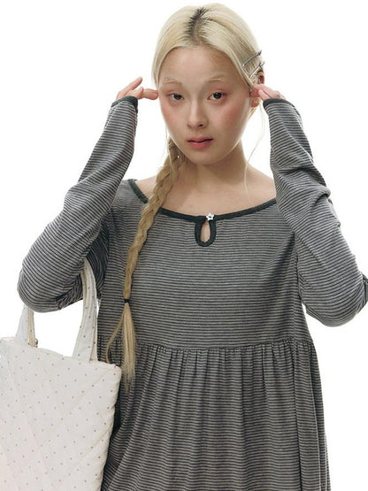 NAPSNAPS Grey Striped Contrast Collar Knit Aline Women&