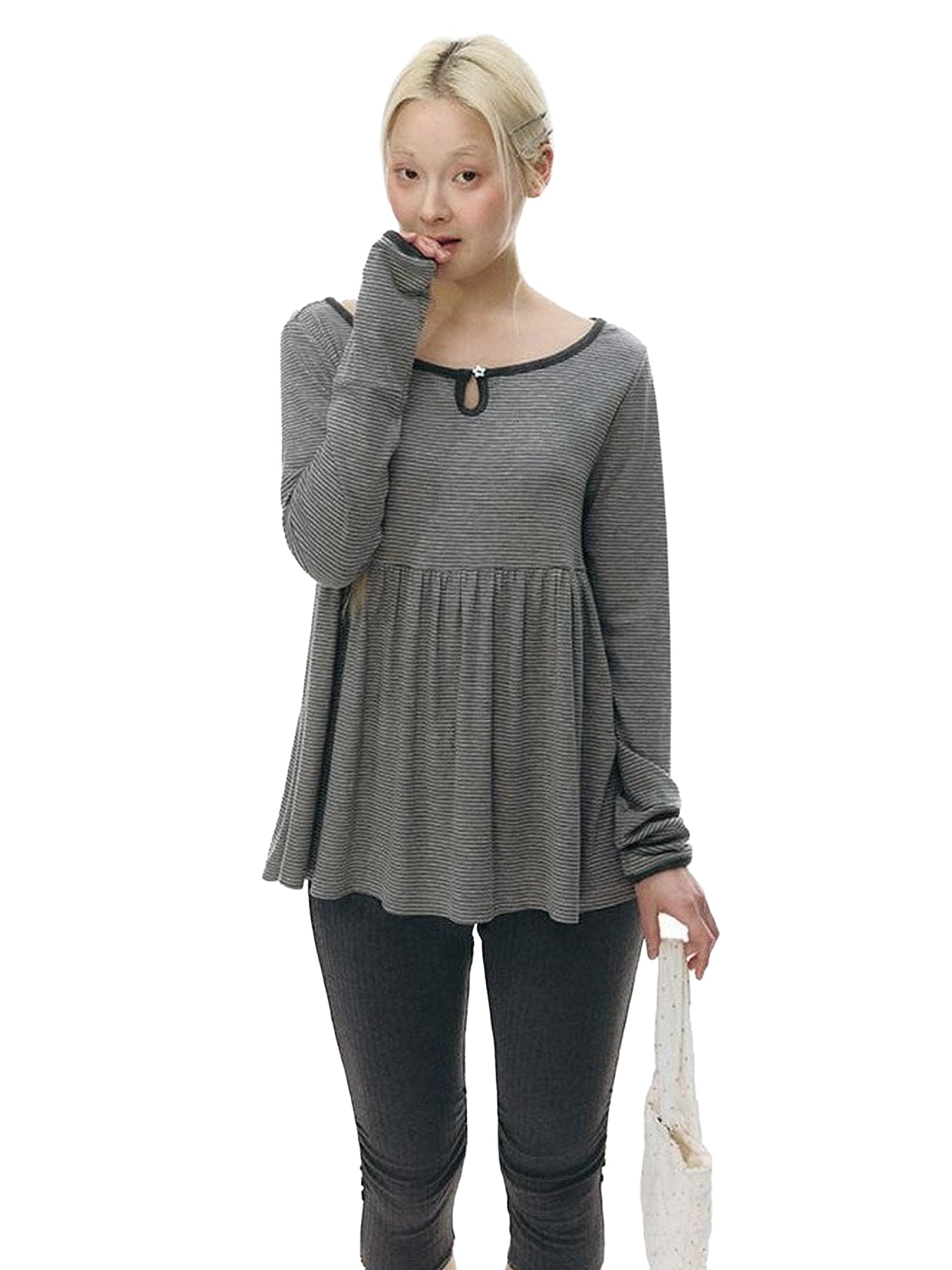 NAPSNAPS Grey Striped Contrast Collar Knit Aline Women&
