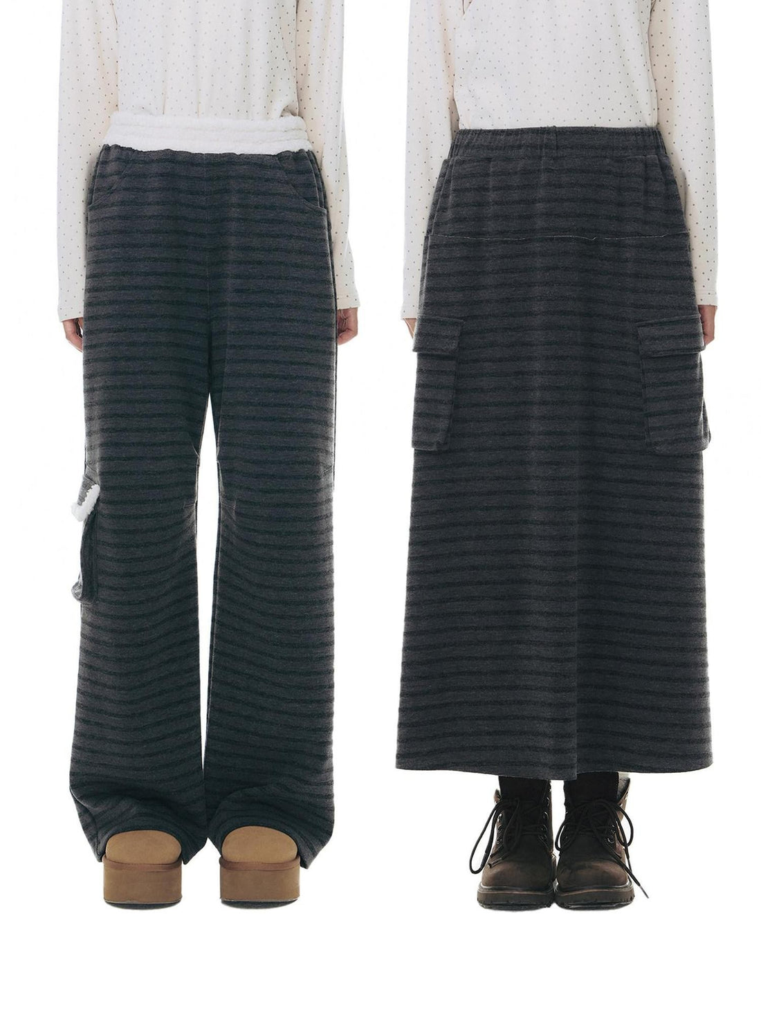 NAPSNAPS Grey Striped Spliced Plush Waistband Pocket Women&
