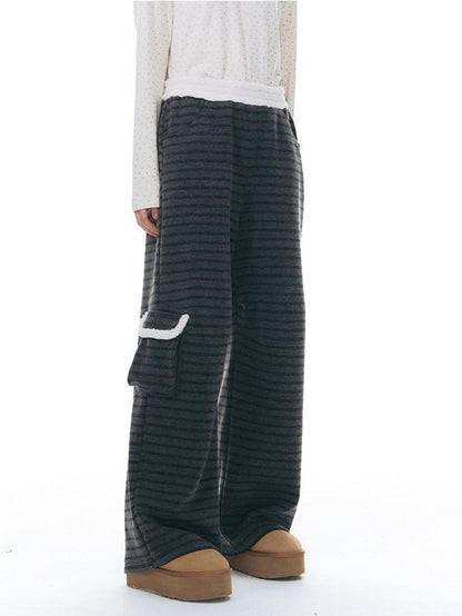 NAPSNAPS Grey Striped Spliced Plush Waistband Pocket Women&