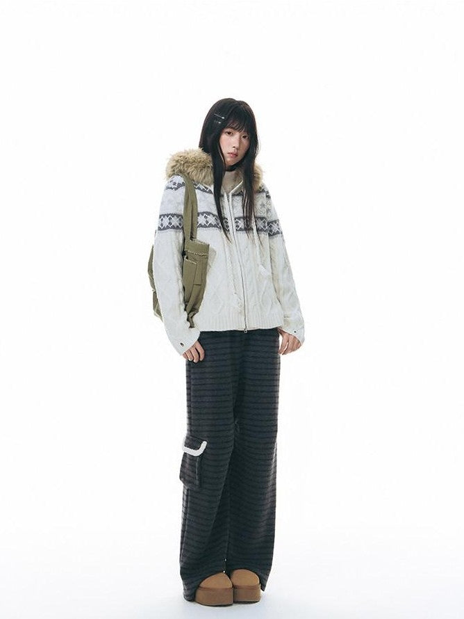 NAPSNAPS Grey Striped Spliced Plush Waistband Pocket Women&