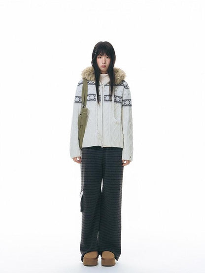 NAPSNAPS Grey Striped Spliced Plush Waistband Pocket Women&
