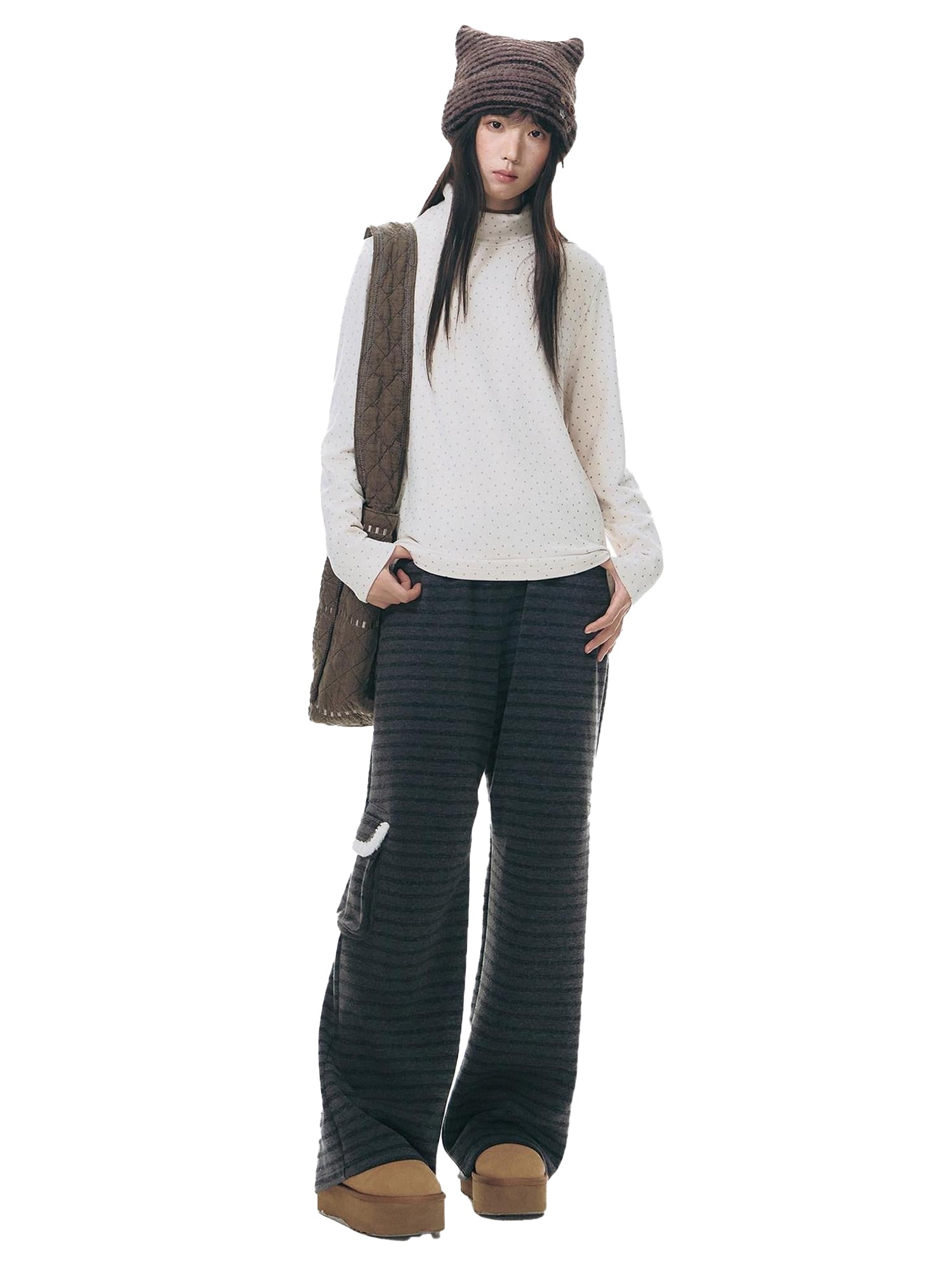 NAPSNAPS Grey Striped Spliced Plush Waistband Pocket Women&