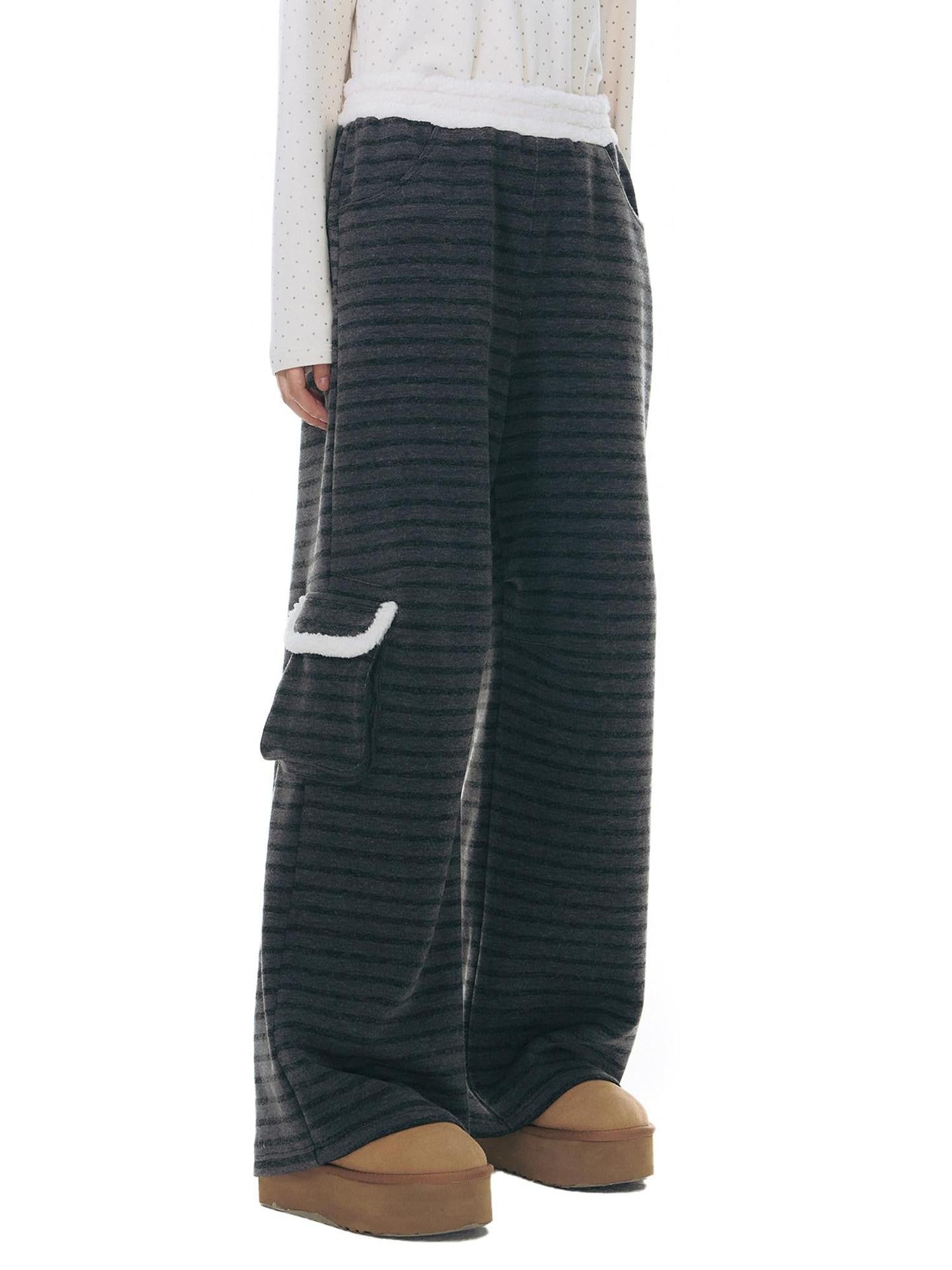NAPSNAPS Grey Striped Spliced Plush Waistband Pocket Women&