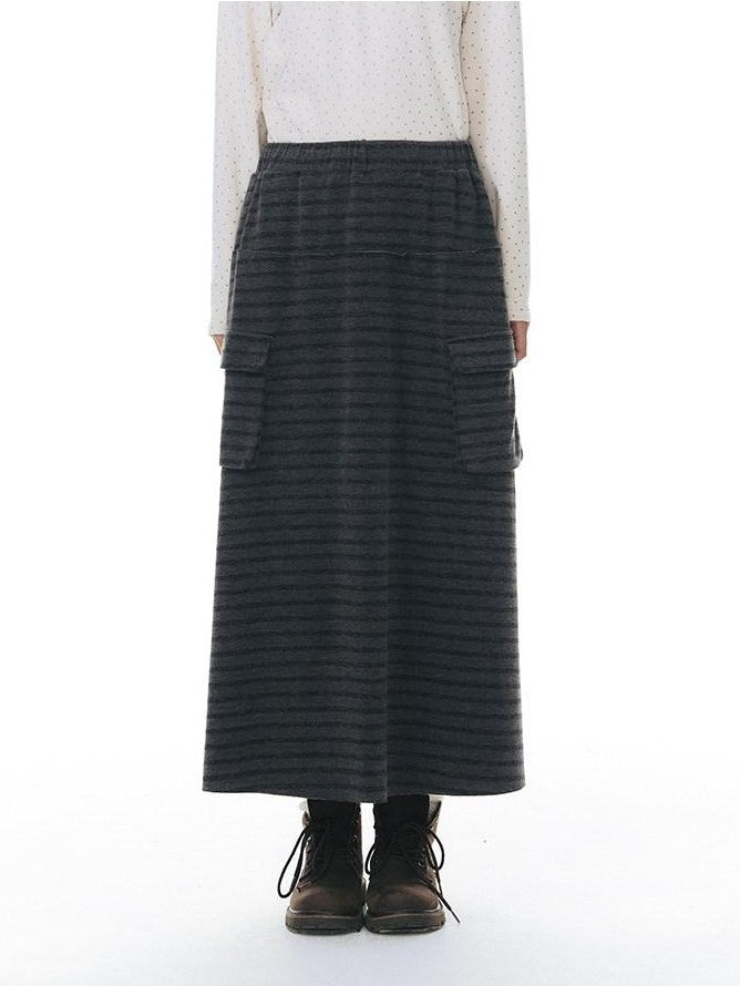 NAPSNAPS Grey Striped Spliced Plush Waistband Pocket Women&