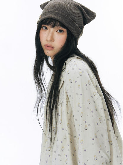 NAPSNAPS Hand Painted Girl Print Peter Pan Collar Ruffle Puff Sleeve Women&