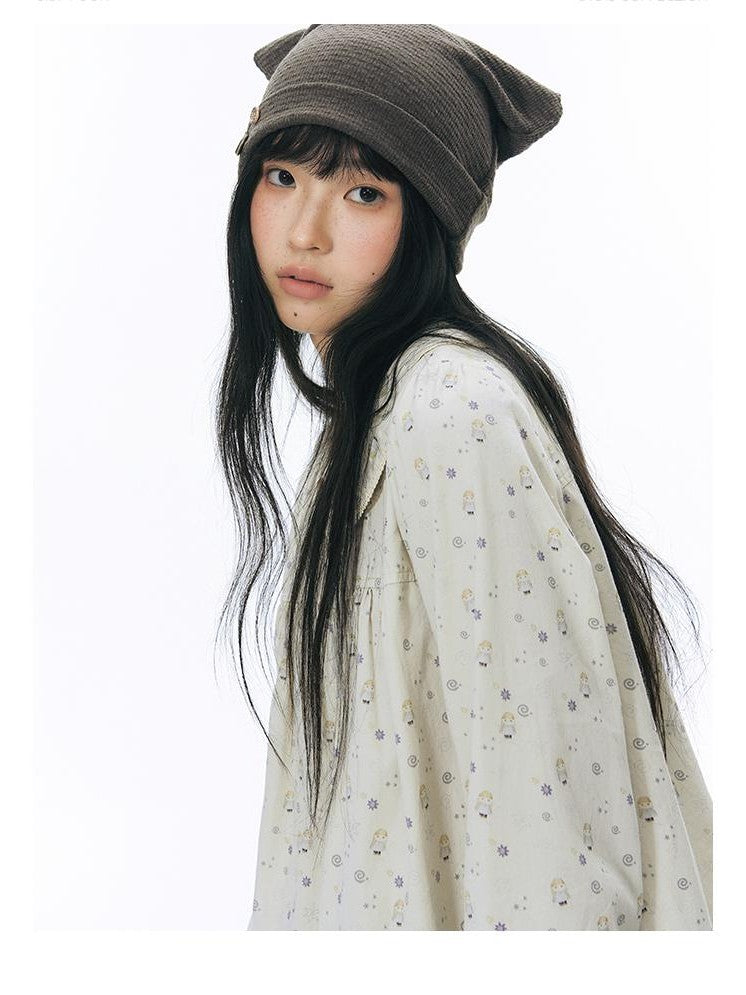 NAPSNAPS Hand Painted Girl Print Peter Pan Collar Ruffle Puff Sleeve Women&