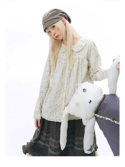 NAPSNAPS Hand Painted Girl Print Peter Pan Collar Ruffle Puff Sleeve Women&
