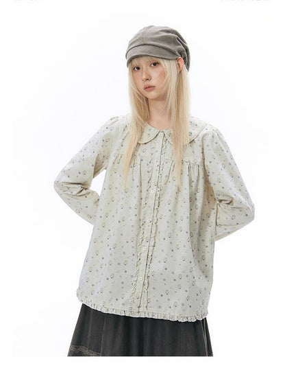 NAPSNAPS Hand Painted Girl Print Peter Pan Collar Ruffle Puff Sleeve Women&