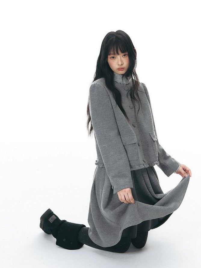 NAPSNAPS Heather Gray Knit Scarf Collar Lace Trim High Waisted Women&