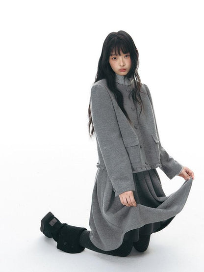 NAPSNAPS Heather Gray Knit Scarf Collar Lace Trim High Waisted Women&