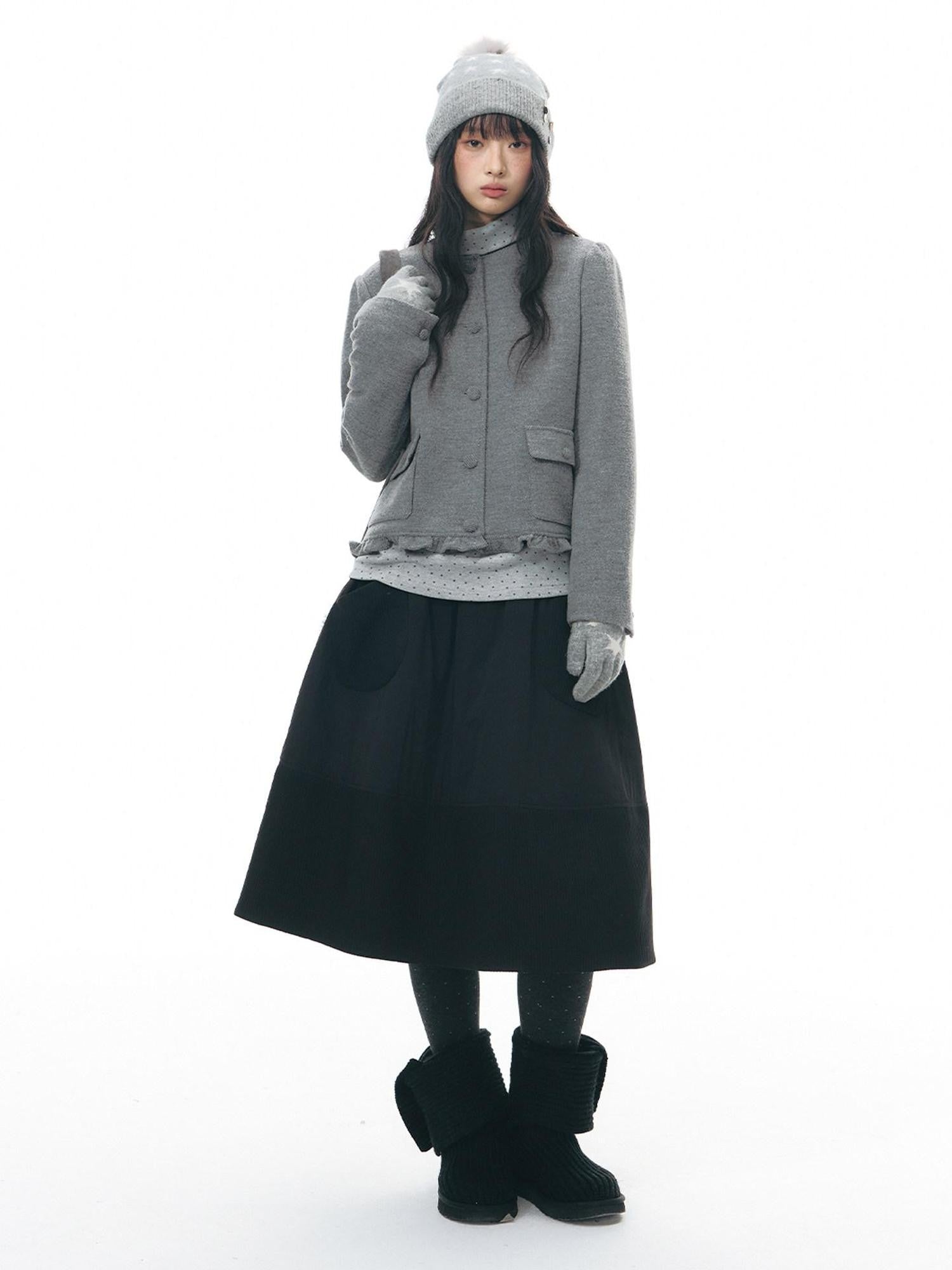 NAPSNAPS Heather Gray Knit Scarf Collar Lace Trim High Waisted Women&