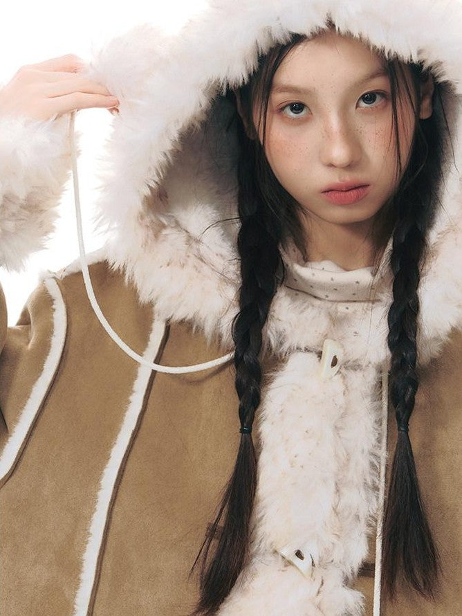 NAPSNAPS Hooded Long Faux Shearling Women&