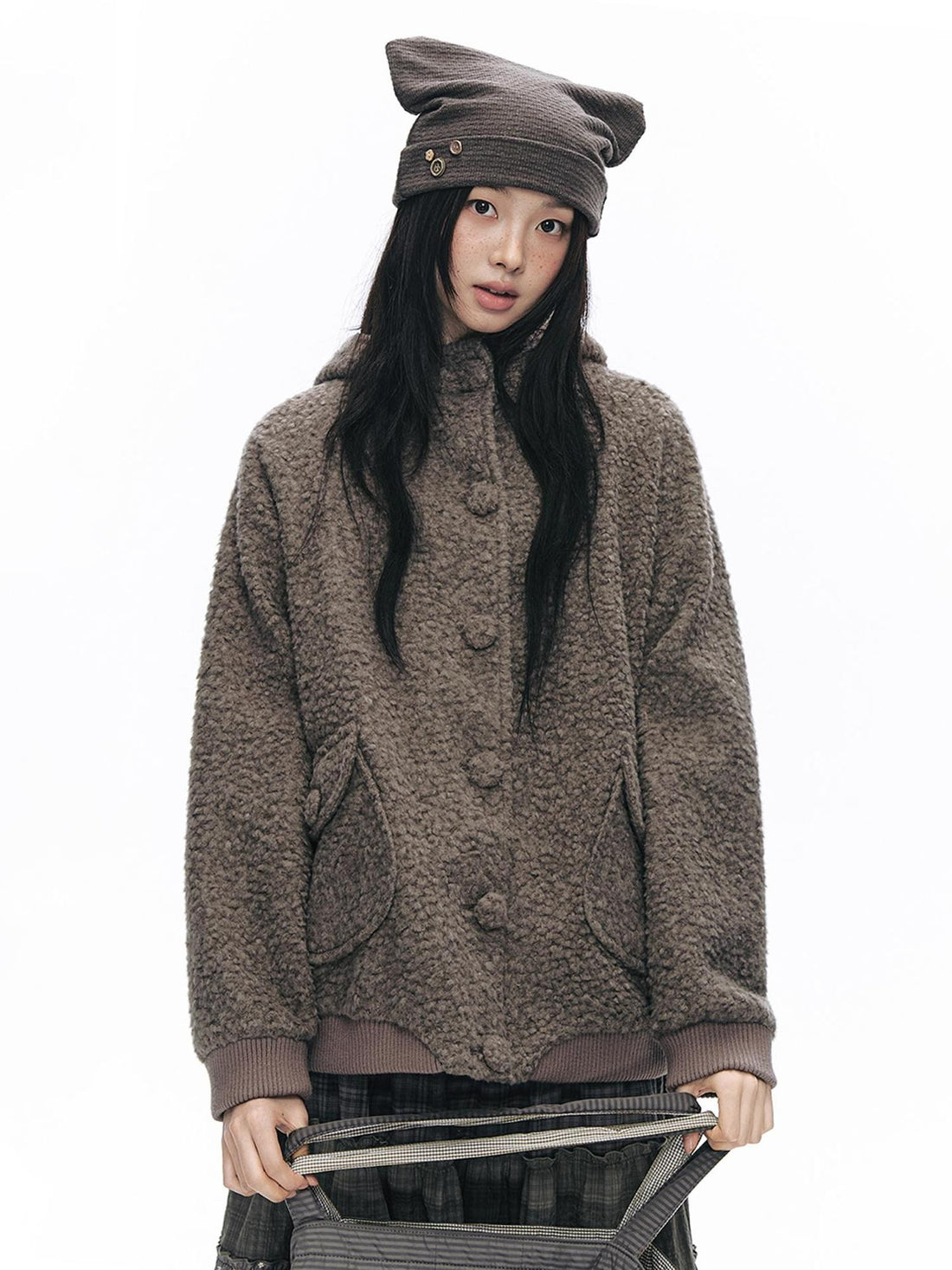 NAPSNAPS Hooded Loose Fit Faux Shearling Button Flap Pockets Women&