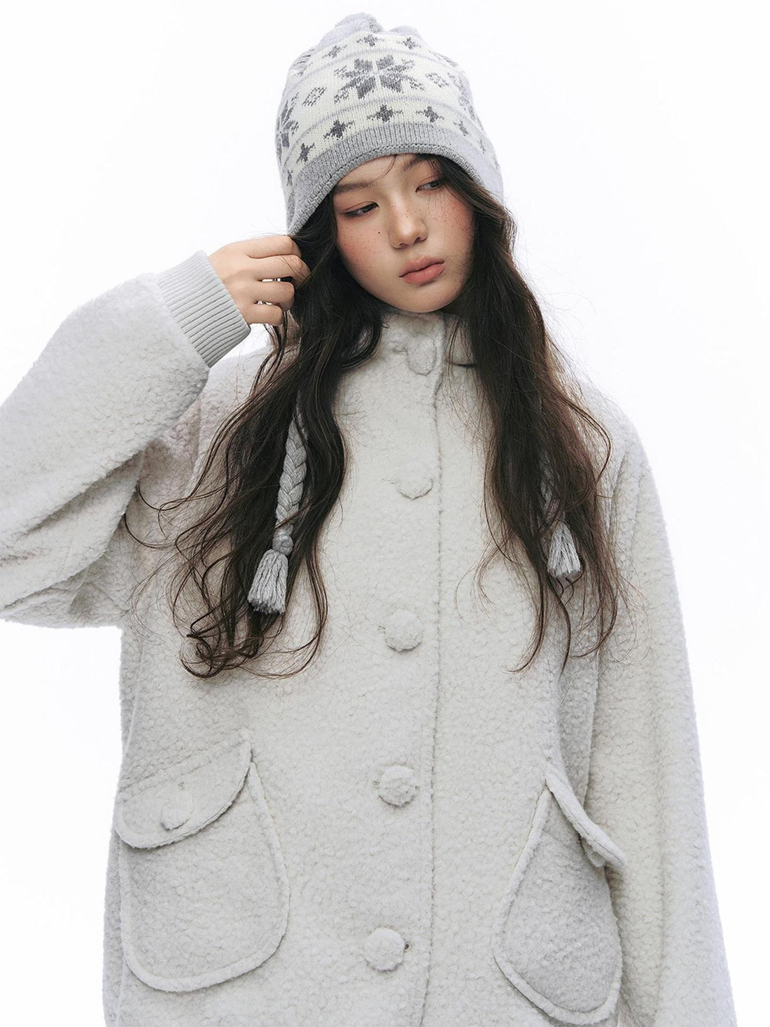 NAPSNAPS Hooded Loose Fit Faux Shearling Button Flap Pockets Women&