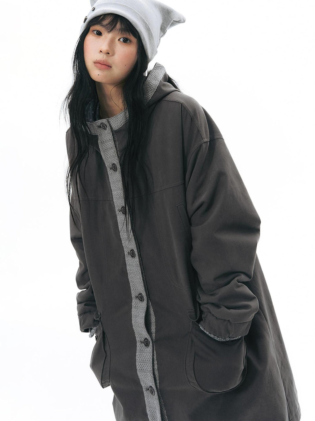 NAPSNAPS Hooded Panelled Loose Cotton Long Sleeve Mid Length Women&