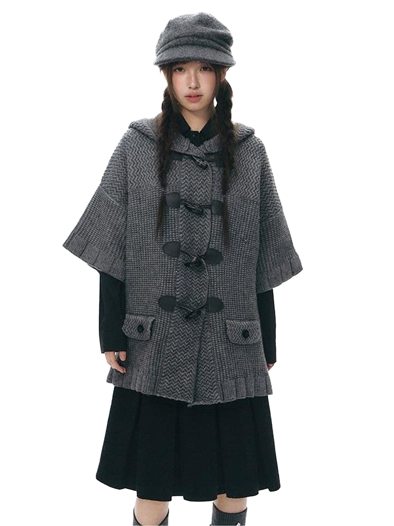 NAPSNAPS Hooded Toggle Cable Knit Chunky Pocket Women&