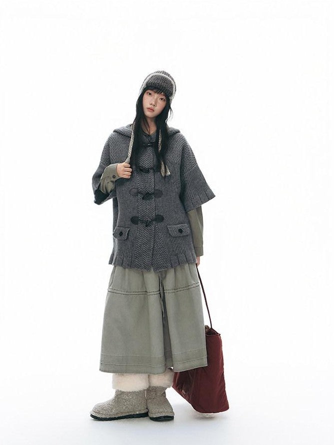 NAPSNAPS Hooded Toggle Cable Knit Chunky Pocket Women&