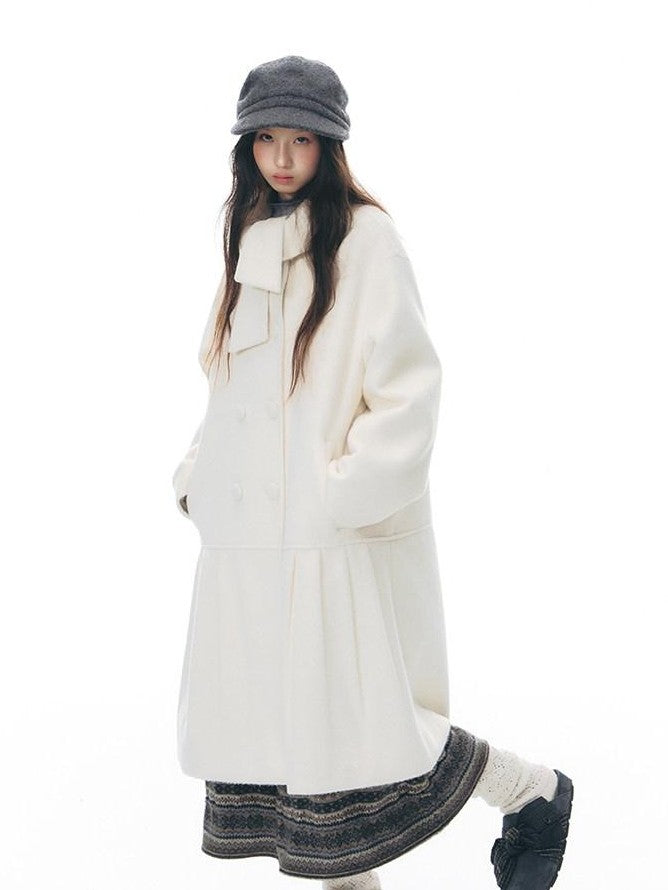 NAPSNAPS Ivory Bow Double Breasted Cowl Collar Padded Women&