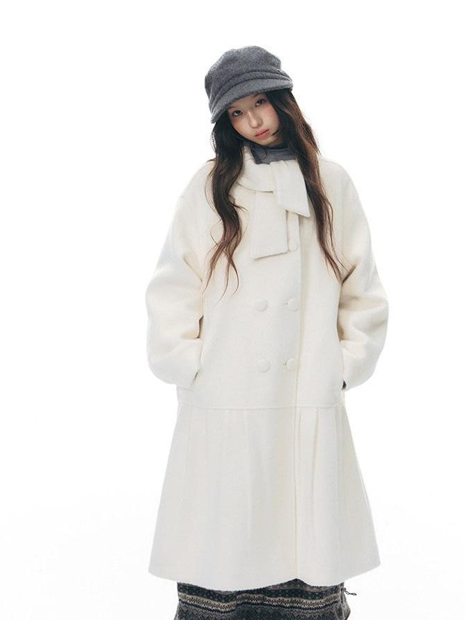 NAPSNAPS Ivory Bow Double Breasted Cowl Collar Padded Women&