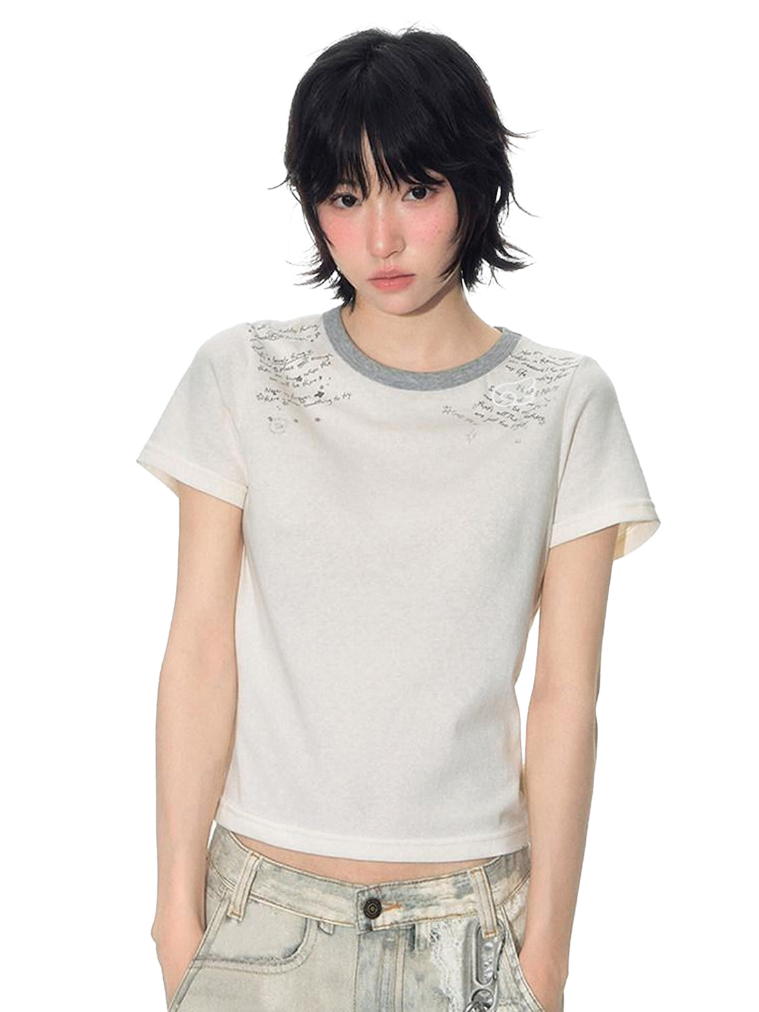 NAPSNAPS Ivory Gray Applique Print Contrast Shoulder Women&