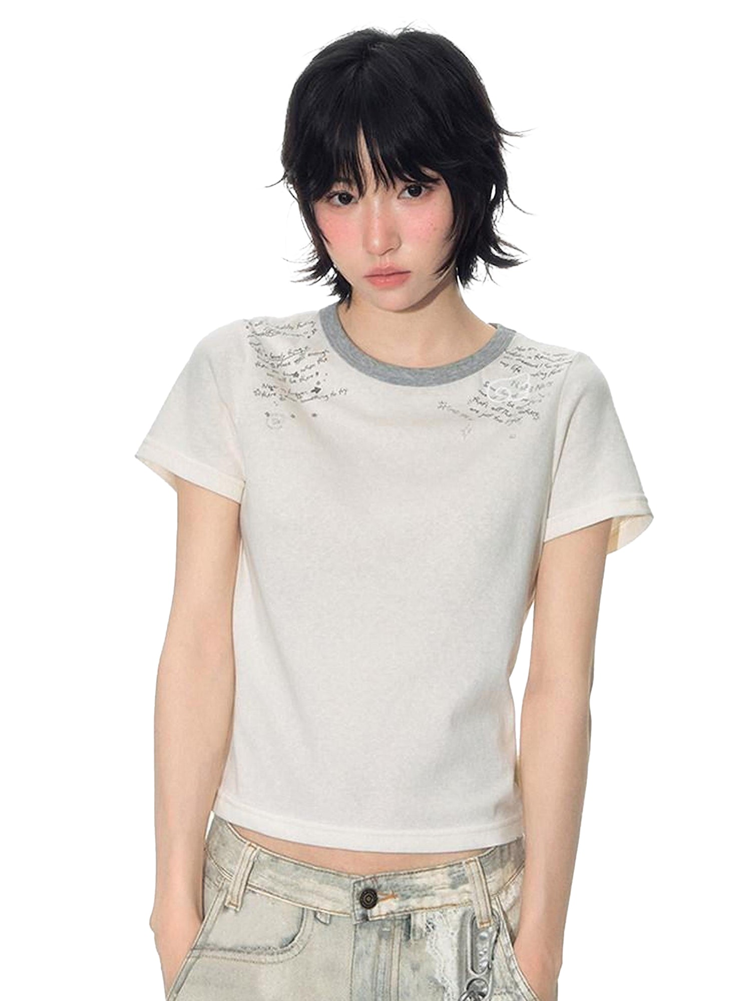 NAPSNAPS Ivory Gray Applique Print Contrast Shoulder Women&